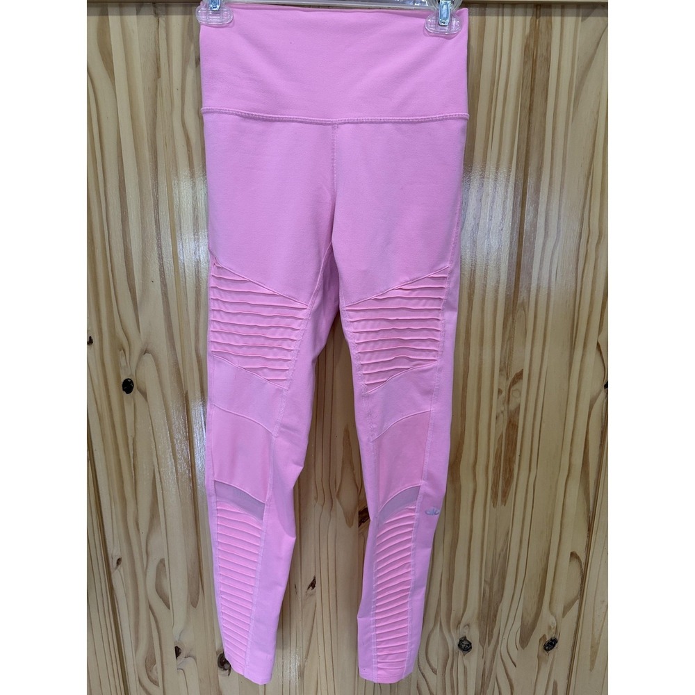 ALO Leggings Womens Small Pink Moto Mesh‎ Panel High Rise Ankle Yoga Gym